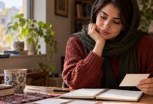 زنی در حال تأمل و یادداشت‌برداری درباره تجربه‌های روزمره کنار پنجره