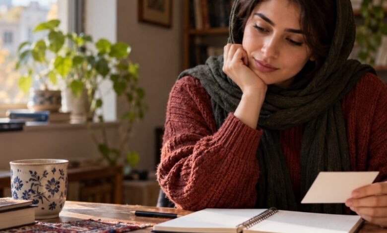 زنی در حال تأمل و یادداشت‌برداری درباره تجربه‌های روزمره کنار پنجره